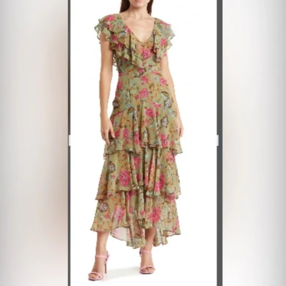 Wayf High Low Dress - Green and Pink Floral